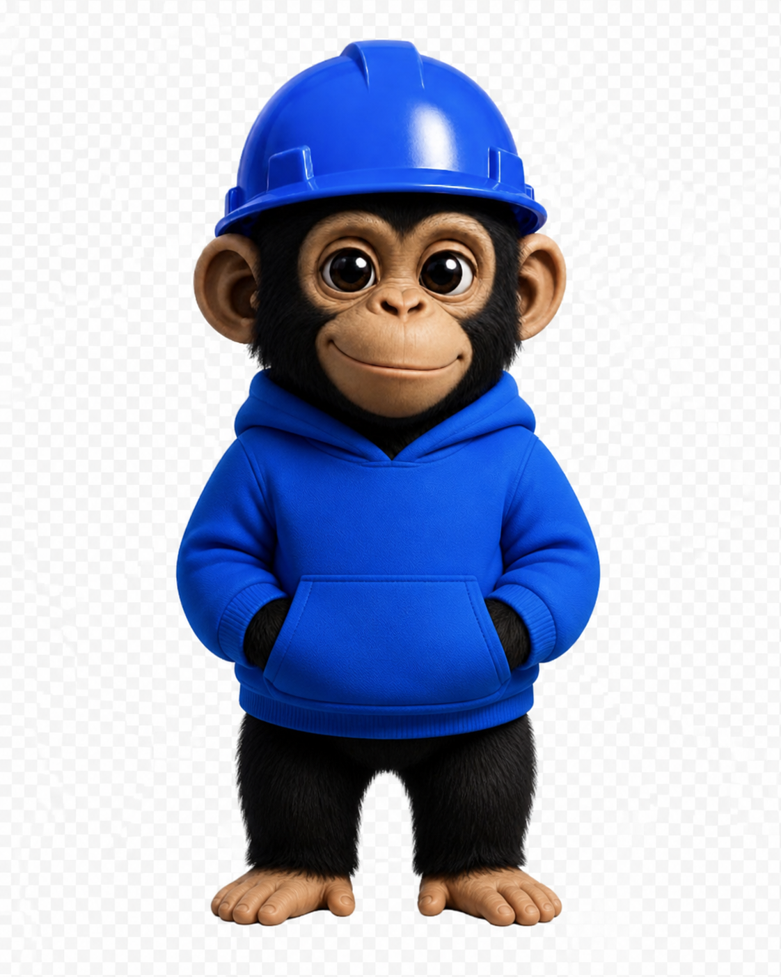 Base Ape wearing a bright blue construction helmet and hoodie